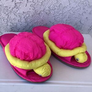 Vintage 90s Hot Pink & Yellow Pufft Turtle Slippers - Playful & Unique!